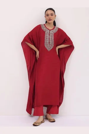 KALKI Fashion Floral Embroidered Sequinned Raw Silk Kaftan Kurta with Trousers