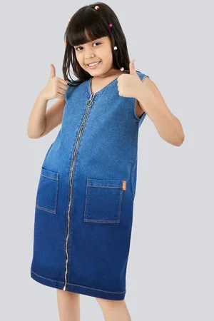 OLELÉ Girls A-Line Ombre Cotton Denim Dress with Metal Zipper Opening