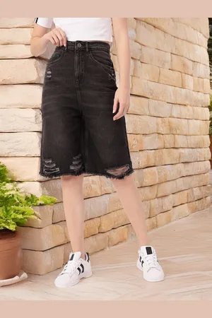 DressBerry Women Edgy Grunge Washed Distressed High-Rise Relaxed Fit Denim Shorts