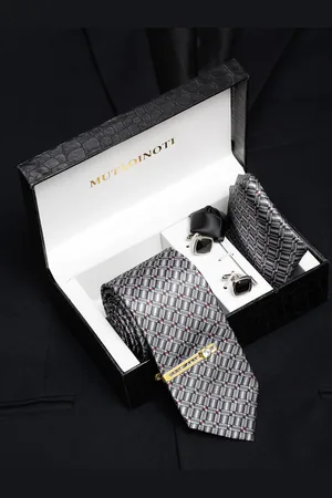 MUTAQINOTI Men Shaded Black Silk Blend Necktie Accessory Gift Set