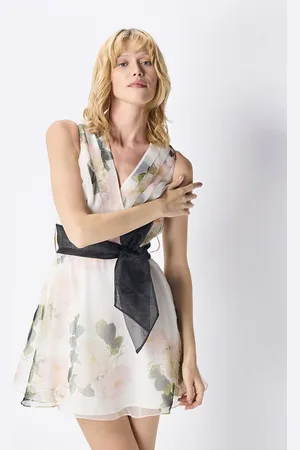 COVER STORY Women Floral Printed V-Neck Tie-Ups Fit & Flare Mini Dress
