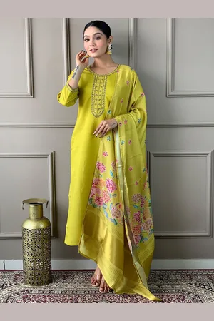 Ishin Floral Yoke Design Thread Work Straight Kurta with Trouser & Dupatta