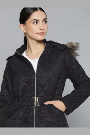 Chemistry Women Black Quilted Parka Jacket with Belt