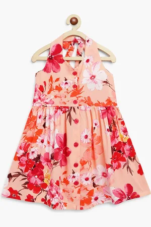 Campana Girls Floral Printed Halter Neck Tie Up Detailed Fit & Flare Dress