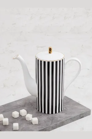 Home Centre White & Black Striped Bone China Matte Tea Pot