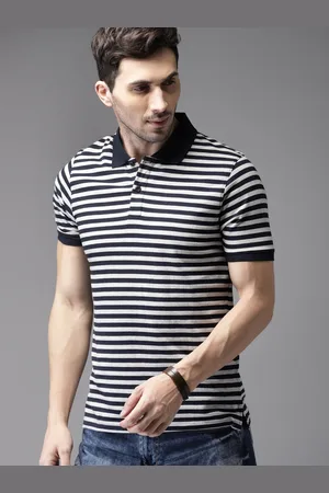 HERE&NOW HERENOW Men Grey Navy Blue Striped Polo T-shirt