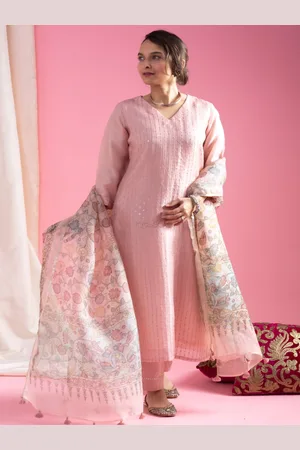 Orus Women Embroidered Regular Thread Work Chanderi Silk Kurta with Trousers & With Dupatta