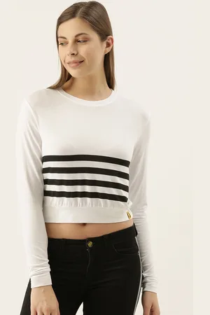 Campus Women White & Black Striped Round Neck Crop T-shirt