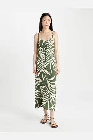 DeFacto Tropical Printed Shoulder Straps A-Line Midi Dress