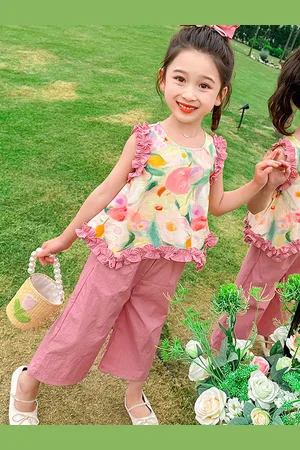 LULU & SKY Girls Floral Printed Round Neck Top with Trousers