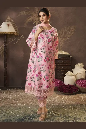 Bhama Couture Jennifer Winget Floral Cotton Silk A-Line Kurta With Trouser & Dupatta