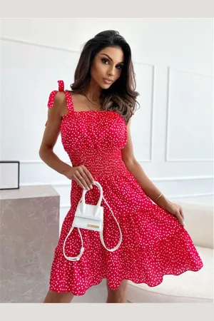 DressBerry Red Polka Dot Printed Gathered Detailed Fit & Flare Dress