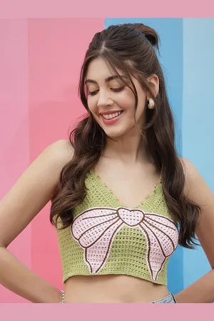 ATHENA Green Self Design Shoulder Straps Smocked Cotton Crochet Bralette Crop Top