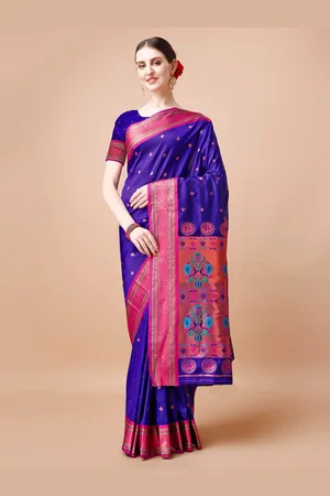 JustFashion Purple & Blue Woven Design Zari Paithani Saree