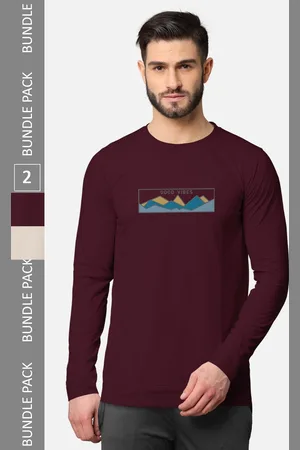bullmer Men Pack Of 2 Burgundy & Navy Blue Typography Printed Cotton T-shirt