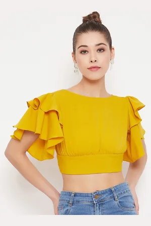 Berrylush Mustard Yellow Flutter Sleeves Styled Back Crop Top