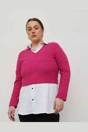 CURVY STREET Women Self Design Ribbed V-Neck Crop Pullover