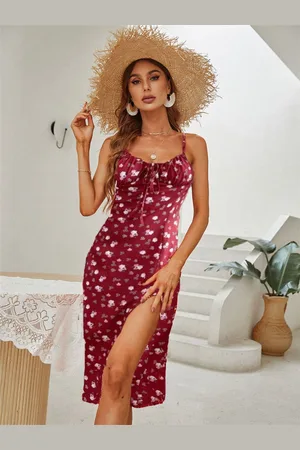 DressBerry Red Floral Printed Shoulder Straps Tie-Ups Detail Sheath Dress