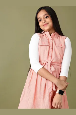 V-Mart Girls Printed Shirt Collar Cotton Fit & Flare Dress