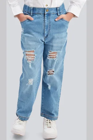OLELÉ Girls Stretchable Cotton Denim Distressed Washed Jeans Pant