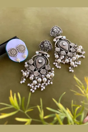 ATIBELLE Set Of 2 German Silver Plated Beaded Stone Studded Classic Drop Earrings