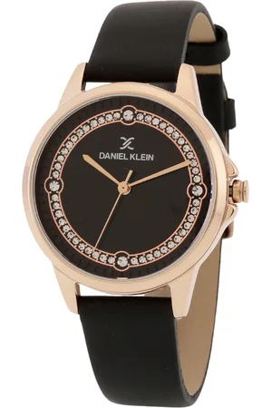 Daniel Klein Women Gunmetal-Toned Embellished Dial & Black Leather Straps Analogue Watch
