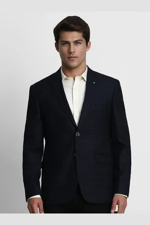 Louis Philippe Men Navy Blue Checked Single-Breasted Slim-Fit Formal Blazers