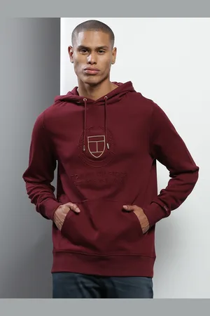Tommy Hilfiger Men Maroon Embroidered Solid Hooded Sweatshirt