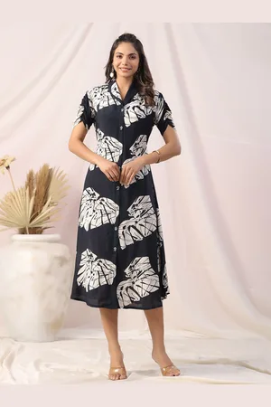 JISORA Women Black Printed Russian Silk Dress