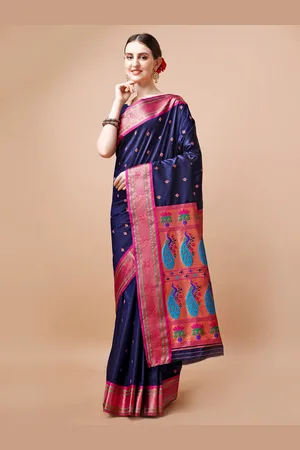 JustFashion Navy Blue & Blue Woven Design Zari Paithani Saree