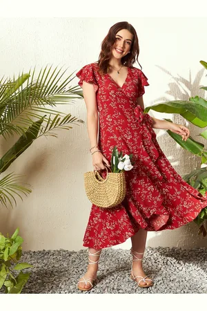 Berrylush Floral Printed V-Neck Flutter Sleeves Tie-Ups Midi Wrap Dress