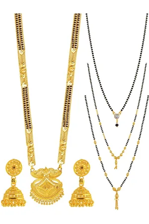 Brandsoon Set Of 4 Gold-Plated Black Stone-Studded & Beaded Mangalsutra With Earring Set