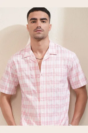 LocoMotive Premium Men Coral Dobby Textured Checked Cuban Collar Relaxed Fit Shirt