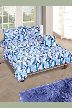 Aura Blue & White Geometric Printed Cotton 210 GSM Double Queen Bedding Set