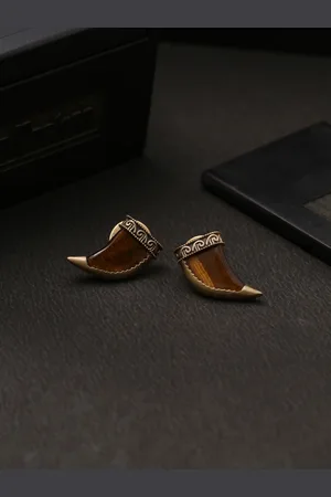 COSA NOSTRAA Men Gold-Toned & Brown Tiger Eye Collar Tips Accessory Gift Set
