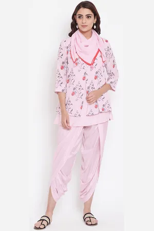 Biba Women Pink & Red Printed Layered Kurti with Dhoti Pants & Scarf