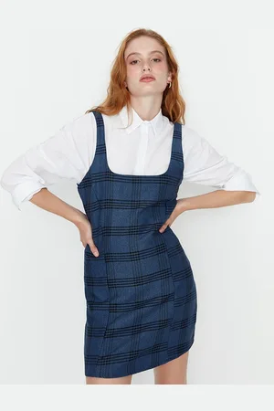 Trendyol Women Navy Blue Checked Pinafore Mini Dress