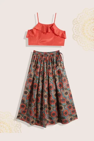 Biba Girls Orange & Green Ready to Wear Lehenga & Choli