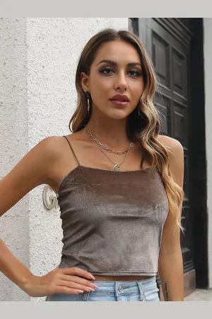 DressBerry Khaki Shoulder Straps Sleeveless Crop Fitted Top