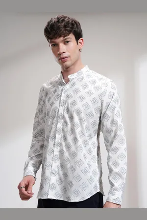 Highlander Men Band Collar Geometric Printed Cotton Casual Shirt
