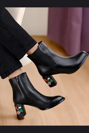 BXXY Women Embroidered Heels Buckle and Zipper High Ankle Formal Boots