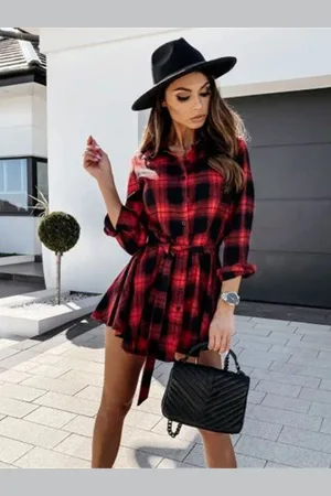 DressBerry Red Checked Shirt Collar Cuffed Sleeve Shirt Dress