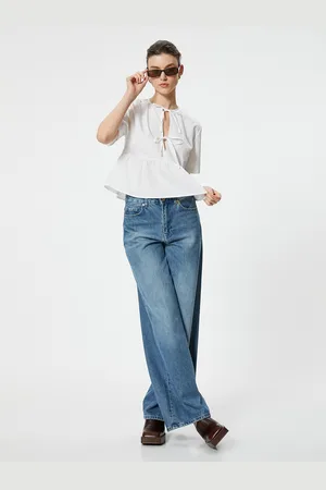 Koton Women Solid Tie-Up Neck Cotton Top