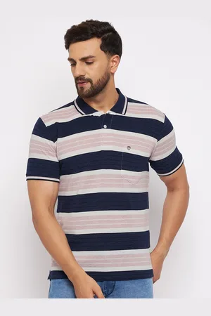 Duke Men Navy Blue & Pink Cotton Striped Polo Collar T-shirt
