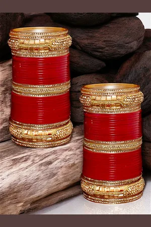 Lucky Jewellery Maroon CZ & Kundan Studded Punjabi Bridal Bangle Set