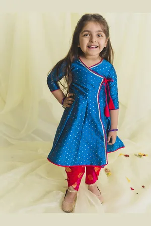 SAKA DESIGNS Girls Blue & Magenta Floral Angrakha Jaquard Kurti with Dhoti Pants