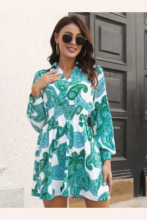 DressBerry Shirt Collar Floral Printed Puff Sleeve Mini Fit & Flare Dress
