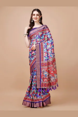 JustFashion Floral Printed Zari Silk Blend Tussar Saree