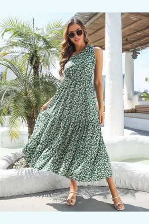 DressBerry Green & White Floral Printed One Shoulder Maxi Tiered Fit & Flare Dress