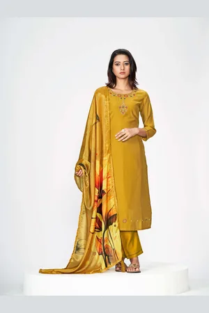 Orus Women Embroidered Regular Thread Work Pure Silk Kurta with Trousers & With Dupatta